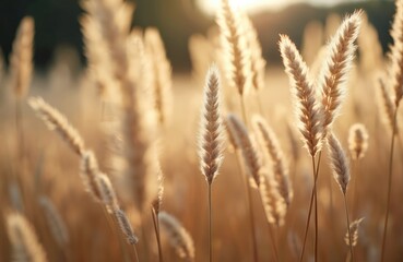 Fototapeta premium Bunny tails grass in sunlight. Ornamental herb natural. Floral plant in meadow, garden. Summer texture, spring bloom, beauty background. Light colours on field. Natural flora in closeup. Gardening