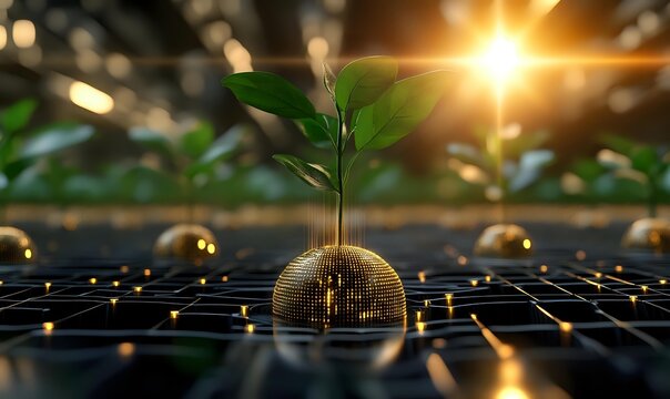 Young green plant growing from golden digital sphere on futuristic network grid with sunlight, symbolizing technology and nature harmony.