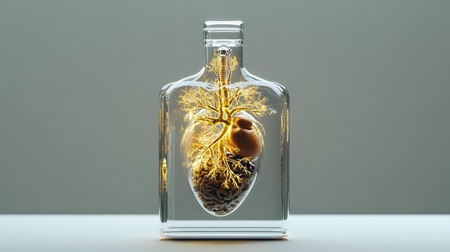 Anatomical heart model in glass bottle with golden branches, representing human cardiovascular system against neutral gray background.