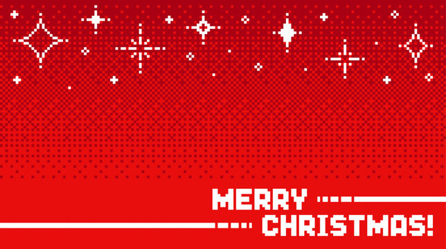 Red pixel art background with falling ornate white snow or stars and Merry Christmas text for holiday greeting card design.
