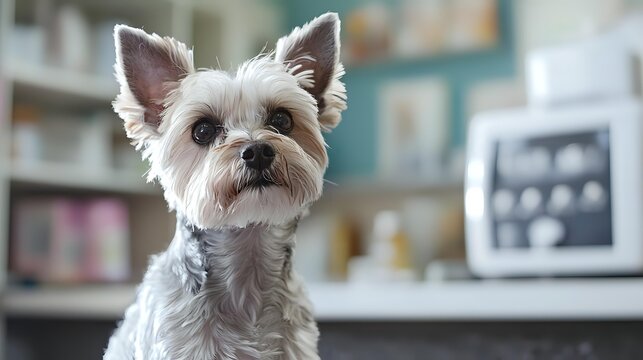 Adorable Yorkshire Terrier dog with attentive expression in veterinary clinic, showcasing pet healthcare environment with blurred medical supplies in background.
