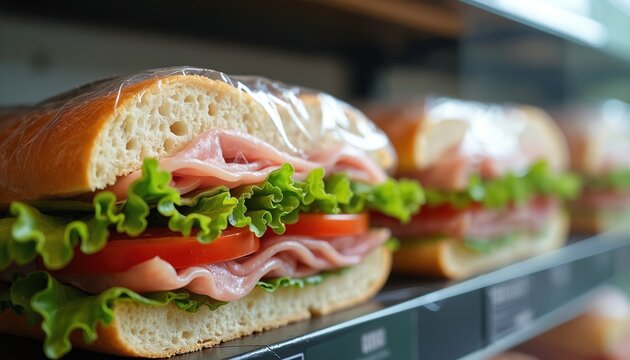 Freshly made sandwiches with ham lettuce and tomato sit on display shelf. Packed fast food meals are ready for customers to buy at store. Healthy lunch options await.