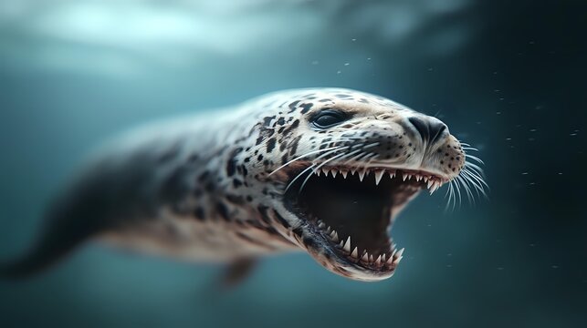 Fierce leopard seal with open jaws swimming in dark blue underwater environment, showcasing sharp teeth and predatory nature in Arctic waters.