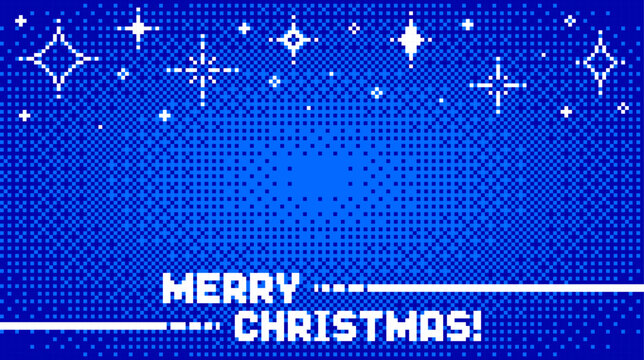 Blue pixel art background with Merry Christmas text and star pattern. Retro 8 bit style digital greeting card illustration for holiday season.