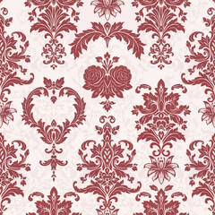 Elegant Red Damask Seamless Pattern on Cream Textured Background.
