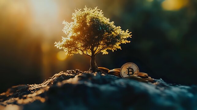 Golden tree growing on rocky terrain with cryptocurrency coin at sunset, symbolizing financial growth and investment opportunities in digital economy.