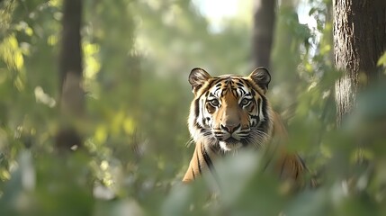 Majestic Bengal tiger in natural forest habitat, partially hidden by foliage, with intense gaze and distinctive orange and black striped fur.