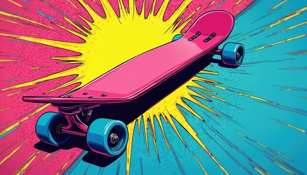 Bright pink skateboard with blue wheels on a dynamic pop art background. Yellow explosion and speed lines create a retro comic style. Graphic illustration shows street sport energy and fun.