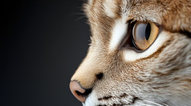 Close-up profile of tabby cat with amber eye against dark background, showcasing feline features and whiskers in dramatic lighting.