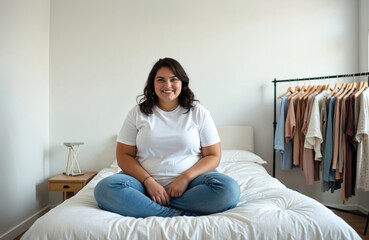 Obraz premium Smiling plus-size woman in jeans and white tee sits cross-legged on bed. Clothes rack with outfits nearby offers choices for her day. She looks relaxed and happy.