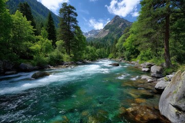 Fototapeta premium Beautiful clear river flowing through lush green forested mountains in bright daylight