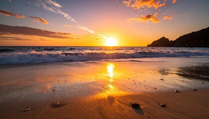Golden Sunset Over A Sandy Beach With Gentle Waves Reflecting The Fiery Sky And Distant Rocky Shoreline Under A Dramatic Cloudy Sky
