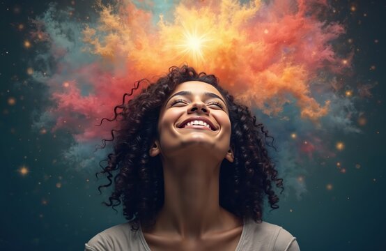 Happy woman looks up with smile. Curly hair girl is full of joy and relax. Dreamy person with inner peace, positive mind, cloud of thoughts and optimism.