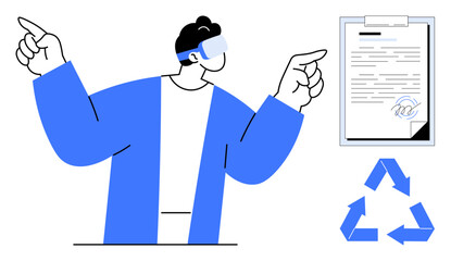 Person using VR headset gesturing towards a signed agreement document and recycling symbol. Ideal for technology, sustainability, innovation, agreements, VR learning, eco-friendly practices, simple