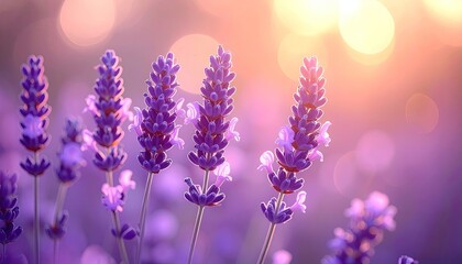 Lavender Field at Sunset with Soft Bokeh Lights in Warm Golden Hour Glow