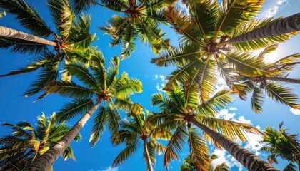 Looking Up Through Lush Green Palm Trees Towards a Bright Blue Sky with Sun Flare and White Clouds on a Tropical Day
