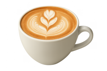 Coffee latte art cappuccino in white ceramic mug