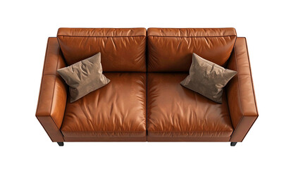 Leather couch top-view with cushions against a black backdrop
