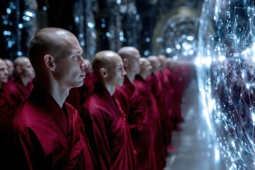 Monks in red robes observe a luminous sphere in a tranquil, ethereal setting at dusk