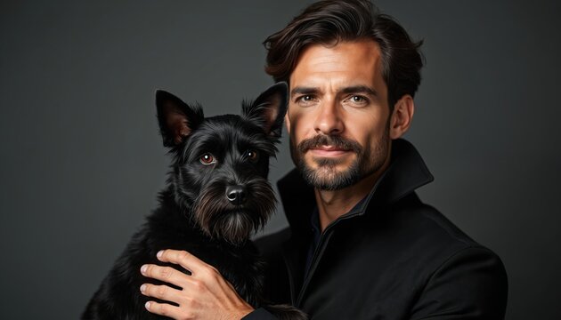 Man holds small black dog in arms. Portrait shows male model with pet against plain gray background. They look at viewer with gentle expressions. Friendship, loyalty, and companionship are visible.