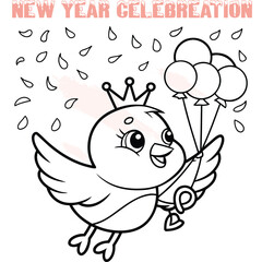 Cute cartoon bird wearing crown holding balloons with falling confetti for New Year celebration