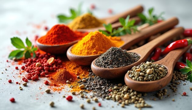 Wooden spoons hold piles of colorful spices like paprika turmeric curry, black pepper seeds. Fresh herbs, red chili peppers add vibrant contrast. Ingredients for global cuisine sit on light surface. - Powered by Adobe
