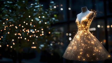 Elegant illuminated dress on mannequin with sparkling fairy lights against dark background, creating magical fashion display for evening events.
