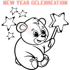 Cute cartoon bear holding star wand with sparkling stars around it teddy bear animal celebration