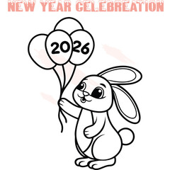 Cute cartoon bunny holding balloons with the year 2026 for New Year celebration rabbit