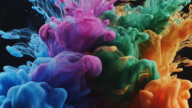 Colorful liquid substances swirling in water and air create an abstract visual effect, perfect for backgrounds or elements adding a pop of color and energy to designs related to innovation.