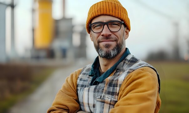 Middle-aged Caucasian man with beard wearing yellow beanie, glasses and plaid shirt with mustard jacket, standing outdoors with industrial background.