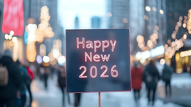 Glowing neon Happy New Year 2026 sign in urban setting with blurred city lights and pedestrians in background.