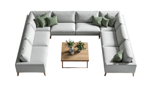 U-shaped couch w/ green pillows, wooden table