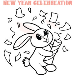 Cute cartoon bunny holding party popper with confetti streamers rabbit celebration