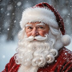 Realistic portrait of Santa Claus with a snowy background, showing detailed textures of his red outfit, white beard, and joyful expression, evoking Christmas spirit and winter magic.
