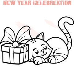 Cute cartoon cat sleeping with gift box New Year celebration text kitten animal
