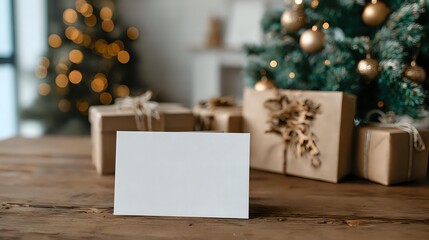 Blank greeting card on wooden table with Christmas gifts and decorated tree in background, festive holiday setting.