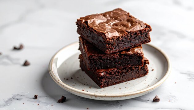 Stack Of Three Rich Dark Chocolate Brownies With Chocolate Chips On A White Plate With A Marble Background