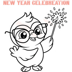 Cute cartoon chick wearing glasses holding sparkler with fireworks character celebration