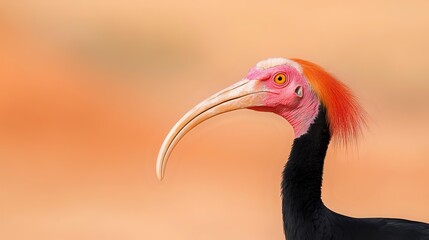 Fototapeta premium Vibrant red-headed southern bald ibis with distinctive curved beak against soft orange background, showcasing exotic wildlife in natural habitat.