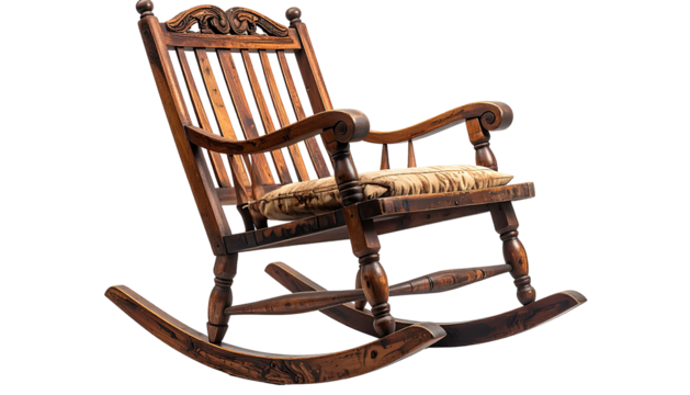 Ornate wood rocking chair w/ cushion, isolated