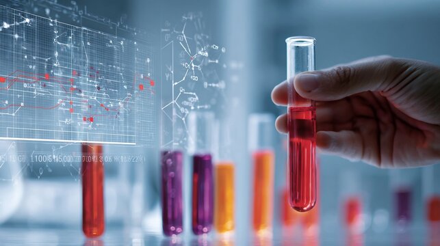 Hand holding a test tube with red liquid, surrounded by other test tubes of various colors in a lab setting.  Overlaid are scientific diagrams, formulas, and data