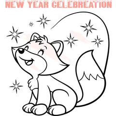 Cute cartoon fox with sparkling stars New Year celebration text animal