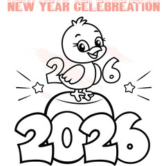 Cute cartoon chick sitting numbers 2026 2023 for New Year celebration bird animal