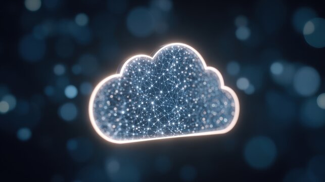 A glowing cloud symbol is filled with sparkling connections against a dark backdrop. The light points create a sense of depth and technology, suggesting digital data and networking.