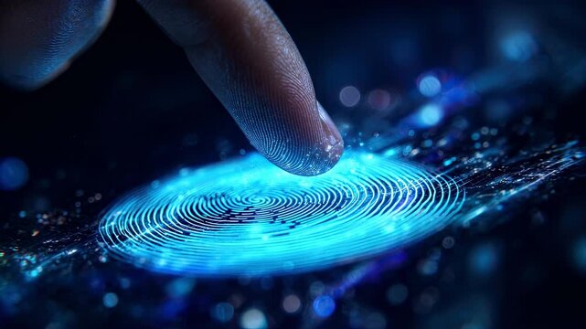 Fingerprint scanning digital interface, biometric security access, futuristic technology