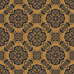 Seamless luxury ornamental pattern with intricate blue floral motifs on a golden background.