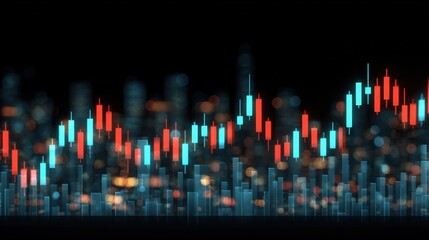A colorful candlestick chart displays stock market trends against a dark background. The red and blue bars represent price movements, showing market fluctuations over time.