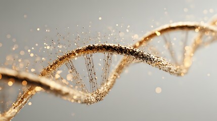 Golden DNA helix structure with glowing particles on gray background, representing genetic research and biotechnology advancement.