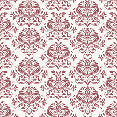 Seamless red damask pattern with floral and scroll elements on a cream background.